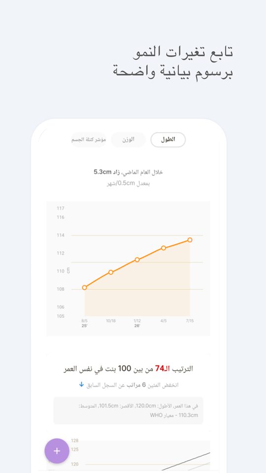 تابِع تغيّرات النمو برسوم بيانية واضحة — منحنى المئين