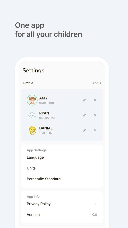 One app for all your children — multiple child profiles